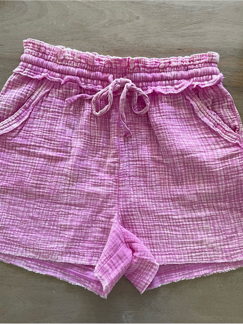 Zenana Outfitters Pink Gauze High-Waist Drawstring Shorts